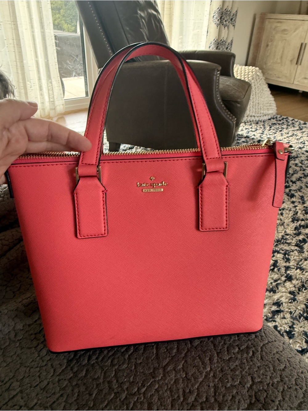kate spade coral-pink saffiano leather satchel with gold hardware